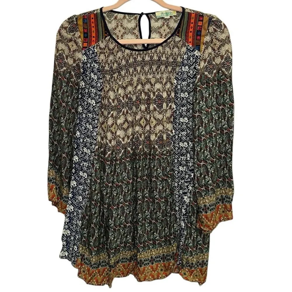 Altar'd State Boho Peasant Small Mixed Print Smocked Blouse Festival Flowy Tunic